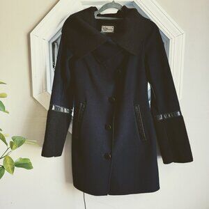 MACKAGE Black WOOL fitted pea COAT luxury jacket, knit collar, leather trim XS